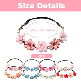 Foreverup Flower Crown Headband, 8 Pieces Flower Headband for Women Girls, Floral Wreath Headbands, Colorful Bohemian Bridal Garland Hair Wreath for Wedding Festival Cosplay Party Hair Accessories