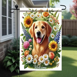 Starlit Patio Welcome Summer Spring Garden Flag 12 x 18 Double Sided Golden Retriever Dog Garden Flag Cute Puppy Small Daisy Flower Yard House Flags Outside Outdoor Summer Porch Lawn Decoration