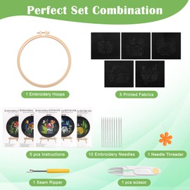 Windspeed 5 Pack Mushroom Embroidery Kit, Cross Stitch Kits Black Embroidery Kit for Adults Funny Hand Embroidery Kits with Patterns and Instructions Hoops Needles Threads