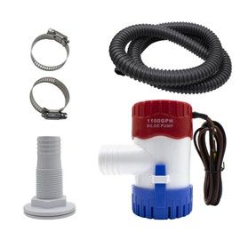 AIRTAK 1-1/8 Inch 1100GPH Electric Bilge Pump Kit - 12V Submersible Boat Bilge Water Pump with Thru-Hull Fitting & 2 Stainless Steel Clamps - Compatible with Yachts, Pools, and Marine Applications