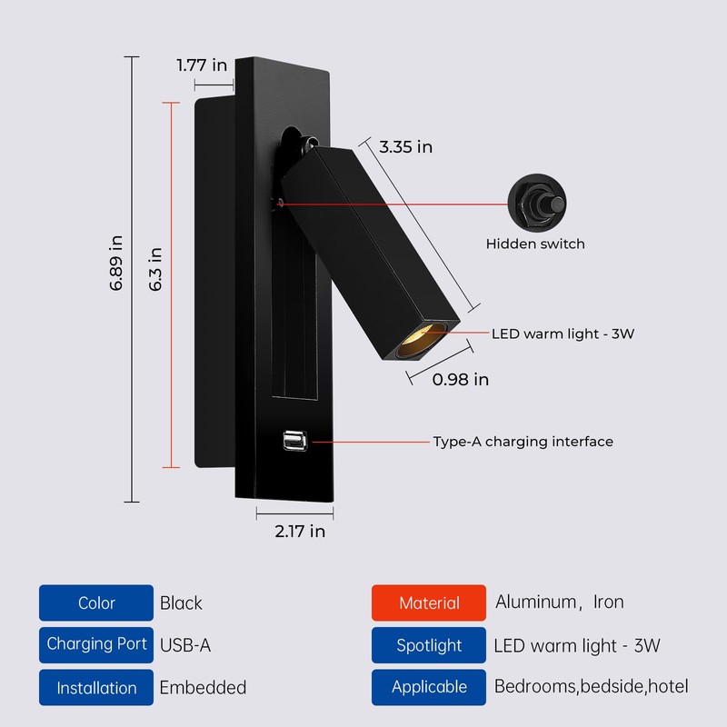 Wall Mounted Reading Light with USB, LED Bedside Reading Light