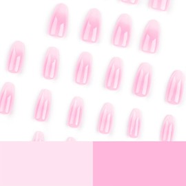 Tyuimhx Pink White Gradient Press On Nails - Medium Almond French Tip Glossy Full Cover Stick On Acrylic Ombre Artificial Nails 24 Pcs