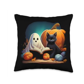Cute Cat and Ghost Knitting a Pumpkin Funny Yarn Halloween Throw Pillow