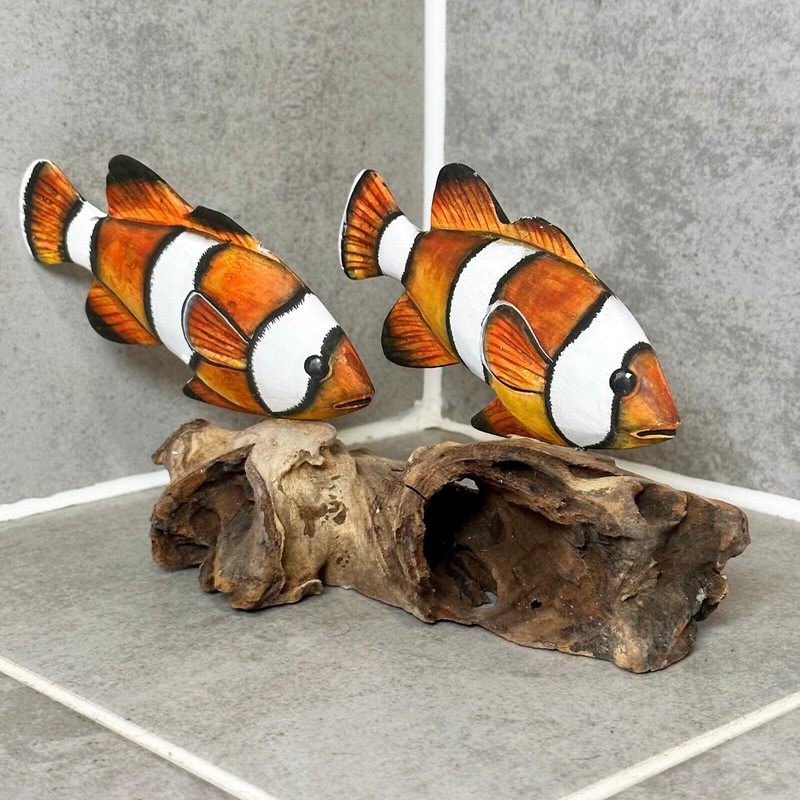 Clownfish On Driftwood Coral Reef Sculpture Rustic Tropical Sea Shoal