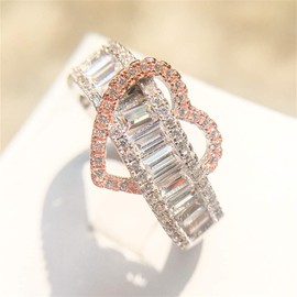 AZQ 925 Sterling Silver Shiny Full Diamond Ring 18K Rose Gold Heart-Shaped Cubic Zirconia Rings CZ Heart Diamond Ring Eternity Engagement Wedding Band Ring for Women TZ.5, US Code 8, Zirconia,925