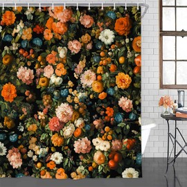 Drgilau Vintage Floral Shower Curtain Set - Orange Red Flower Plants, Waterproof Boho Curtain with 12 Hooks - 70x90 Inch