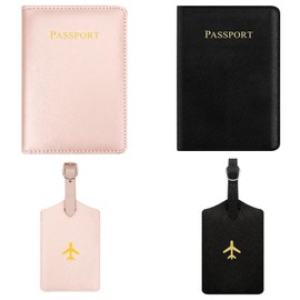 2 Pieces Passport Holder and 2 Pieces Luggage Tag Sets, Mr and Mrs Passport Holder Set for Travel Leather Passport Wallet Cover Documents Organizer with Suitcase Tags for Women Men Gifts, Black+Pink