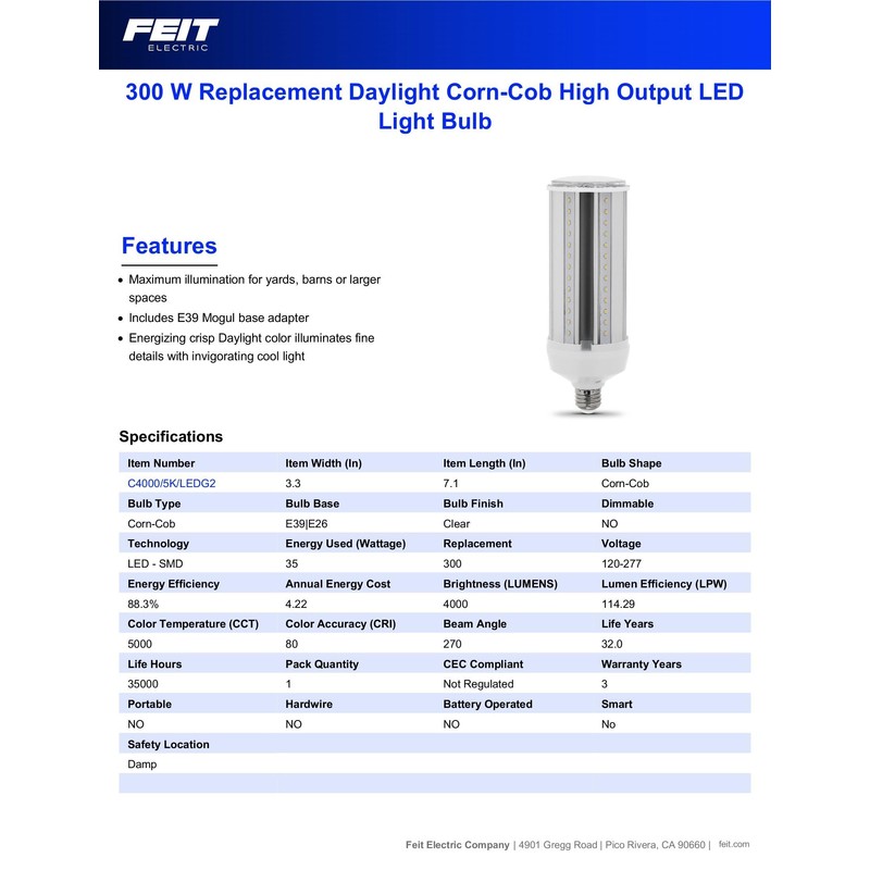 Feit Electric C4000/5K/LEDG2 300W Equivalent Mini Corn Bulb, Corn Cob