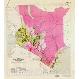 Historic 1954 Wall Map - East Africa - Map 4: Boundaries, Land Units, Population Tsetse Fly and Rainfall 16in x 18in