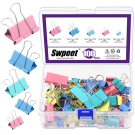 Swpeet 100Pcs Metal Colorful Binder Clips, Paper Clamps, Fold Back Clips, Paper Clamps Clips 5 Sizes Large, Medium, Small, X Small and Micro Use for Office, Home, School, Classroom