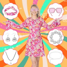 Matreeglam Hippie Costume Set for women, 60s 70s Fancy Dress, Hippie Ladies Dress, Retro Hippie Accessories with Sunglasses Headband for Carnival Theme Party (Pink, 2XL)