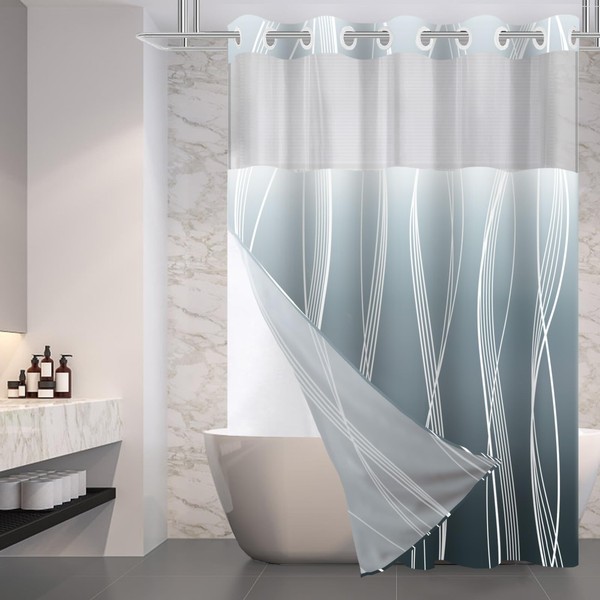No Hook Ombre Blue Grey Striped Shower Curtain with Snap