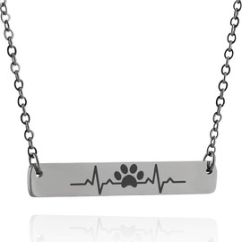 FashionJunkie4Life Paw Print with Heartbeat - Engraved Stainless Steel Horizontal Bar Necklace, 18" Chain