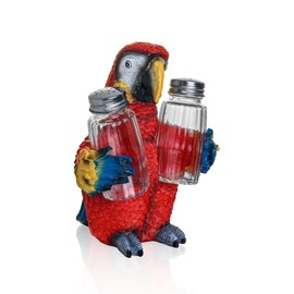 Farmhouse Style Spice Dispenser Shaker Holder - Salt And Pepper Dispenser with Resin Parrot Figurine And Statues Holder - Kitchen DéCor with Glass Spice Jars