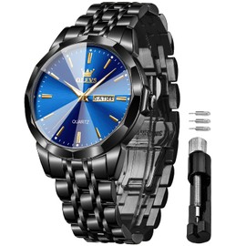 OLEVS Blue Black Watches for Men Waterproof Diamond Business Luxury Dress Analog Quartz Stainless Steel Luminous Day Date Two Tone Casual Men's Wrist Watches Gift