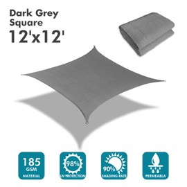 KANAGAWA Sun Shade Sail 12'x12' Dark Gray Square UV Block Canopy Awning Shelter Fabric Cloth Screen for Outdoor Patio Garden Backyard