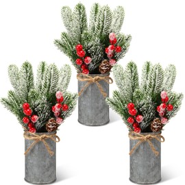 3 Sets Christmas Centerpiece Table Decorations Xmas Floral Arrangement Farmhouse Galvanized Pot with Pine Cone Red Holly Berry Pick Christmas Decor for Table Indoor Kitchen Shelf Mantle (Tin Color)