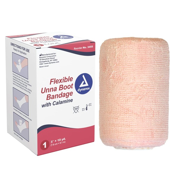 Dynarex Unna Boot Bandage, Individually Packaged, Provides Customized Compression as Treatment for Leg Ulcers with Calamine, Soft Cast, White, 3” x 10 yds, 1 Unna Boot Bandage