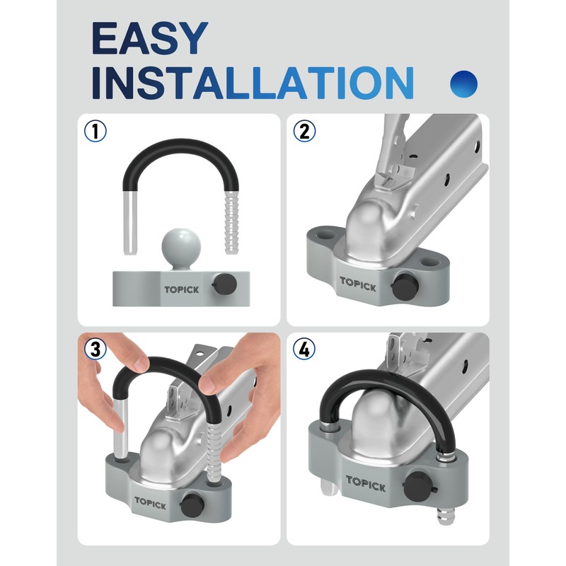 TOPICK Heavy-Duty Trailer Coupler Lock with PVC-Coated U-Bolt, Universal Fit
