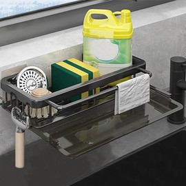 Hanging Sink Organiser, Sink Organiser with Drain Pan, Kitchen Sponge Holder with Dish Cloth Holder and Two Hooks, Dish Drainer Tableware, for Kitchen (Black)