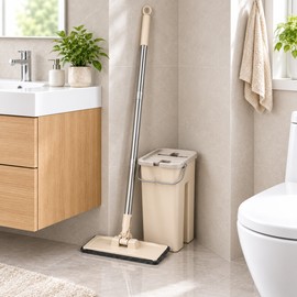 Flat Squeeze Mop with Spin Bucket – Hands-Free Microfiber Floor Cleaning System for Wet and Dry Home Use