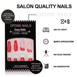 Valentines Press on Nails Medium Coffin OFDNE False Nails with Rose Flower Heart Designs Red Fake Nails Full Cover Glossy Glue on Nails Valentine's Day Stick on Nails for Women Girls 24 Pcs