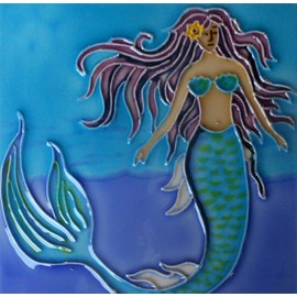 Mermaid Hand Painted Ceramic Art Tile 6x6 inches