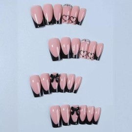 CTTHNBD Medium Press on Nails Coffin - Black French Tip Fake Nails with Bow Charms Design - Heart False Nails Press ons - for Women 24 Pcs