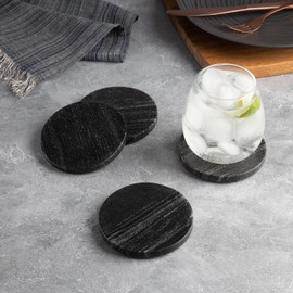 Thirstystone 4 Pack Natural Black Marble Round Coasters with Protective Felt Feet on The Bottom 4" Diameter Elegant Heat Tolerant Easily Wipes Clean