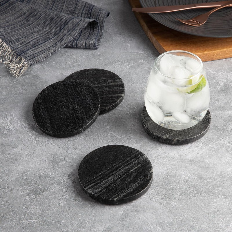 Thirstystone 4 Pack Natural Black Marble Round Coasters with Protective