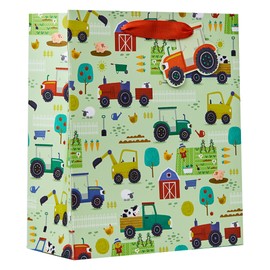 Design By Violet Pickle Patch Medium Gift Bag – Colourful Green Farmyard Scene with Tractors, Diggers & Barns, Printed Interior – Luxury Paper Gift Bag – Perfect for Kids’ Birthdays & Children’s Gifts