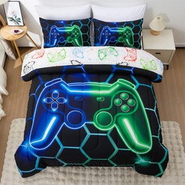 NTBED Game Console Comforter Set for Boys Girls Kids Geometric Lightweight Microfiber Bedding Sets (Blue Green, Full 5Pcs)