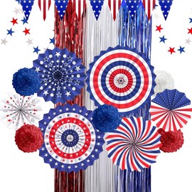 DECEED 4th of July Decorations Patriotic Decor American Flag Red White Blue Paper Fans Independence Day Star Streamer, Foil Fringe Curtain, Pom Poms, USA Pennant Bunting Party Decor Supplies