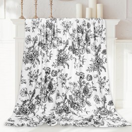 JarThenaAMCS Floral Fuzzy Blanket Black Flower Throw Blanket Vintage Chinoiserie Soft Cozy Flannel Blanket for Home Bed Sofa Couch Chair, 50 x 60 Inch