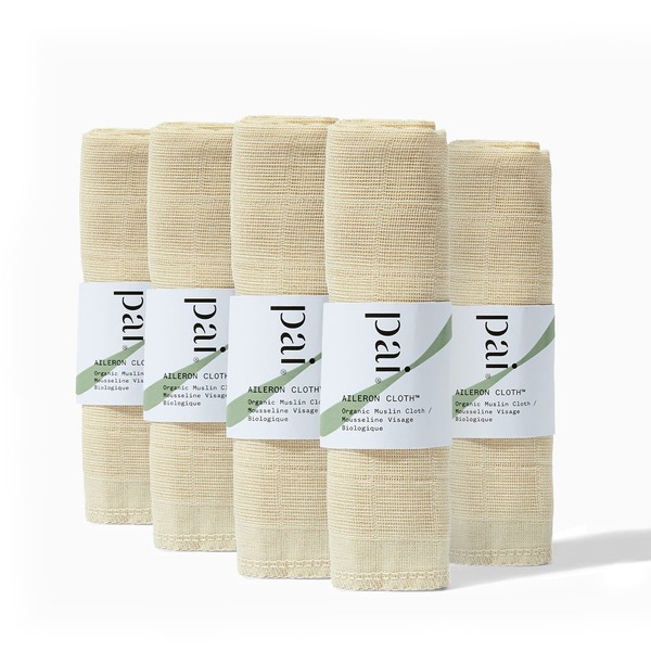 Pai Skincare London | Organic Muslin Face Cloths for Gentle Cleansing and Exfoliation, Reusable Skin Cleansing Wipe for Sensitive Skin. Aileron Double Sided Muslin, Pack of 5