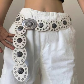 WHIPPY Women Disc Concho Leather Belt Western Cowgirl Hollow Belt Vintage Boho Oval Waist Belt for Music Festival Dress Jeans, White, Fit Waist Size Up to 36"