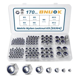 BNUOK 170PCS Metric Lock Nuts Assortment Kit, M3 M4 M5 M6 M8 M10 M12 Nylon Insert Locknuts Set, 304 Stainless Steel Self-Locking Nuts
