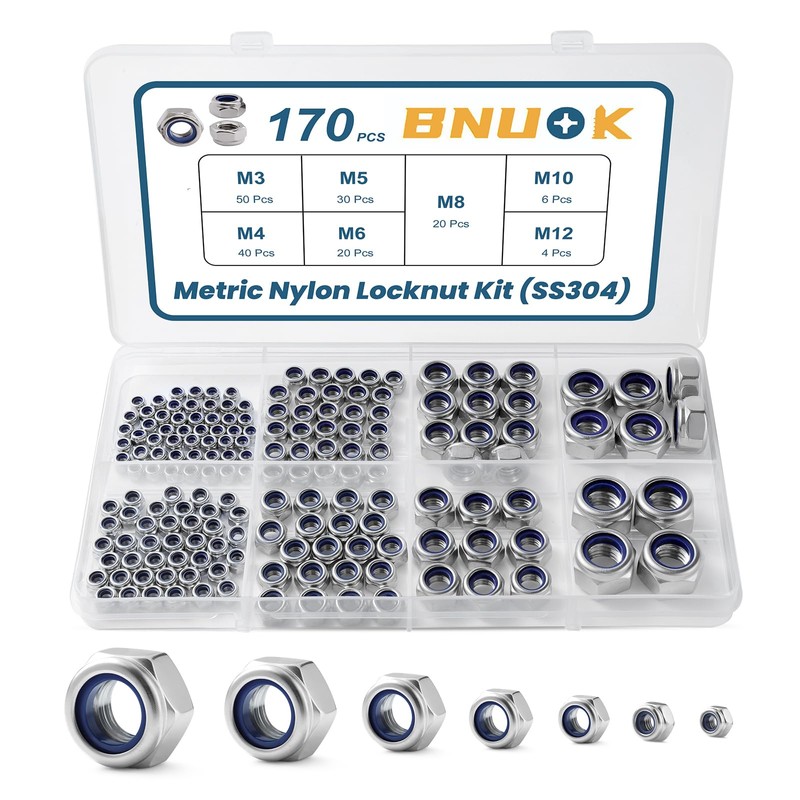 BNUOK 170PCS Metric Lock Nuts Assortment Kit, M3 M4 M5