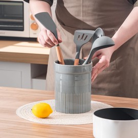 SIEBOLD Grey Utensil Holder, Sturdy Ceramic Stripes Utensils Crock for Kitchen Countertop,Cooking Utensil Crocks for Kitchen Counter, Morden Utensil Organizer for Spatula