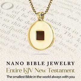 Christian Necklace with Smallest Nano Bible - on Stylish Round Gold Plated Silver Pendant - Entire KJV New Testament Holy Scriptures on 5mm Microchip, Religious Faith Jewellery for Her, 18"