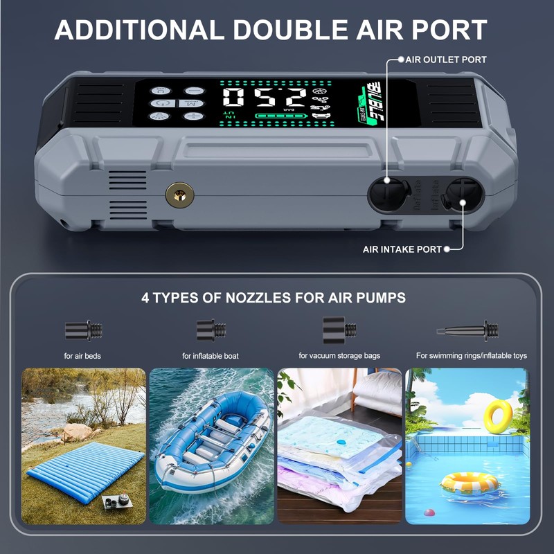 8000A Jump Starter with Air Inflator/Deflator Compressor 24800mAh, PD 65W