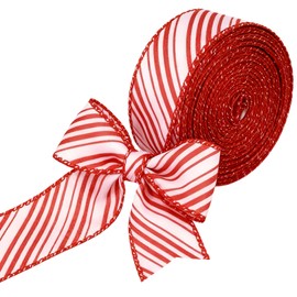 Meseey Red and White Diagonal Stripes Wired Ribbon 2.5 Inch x 20 Yards Candy Cane Christmas Ribbons for Gift Wrapping Wreath Bows DIY Craft Decoration(Red/White Diagonal)