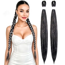 Tinsel Hair Extensions 30 inch, 2 Pack Glitter Pre Stretched Braiding Hair for Women, Girls & Kids,Long Synthetic Yaki Straight Fiber- Festive Party D