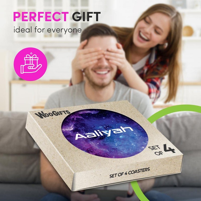 4 x Boxed Round Coasters - Name Aaliyah Space Universe