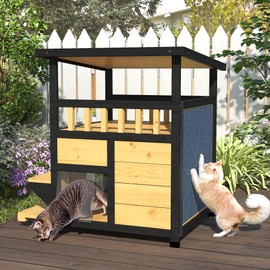 Outdoor Cat House Weatherproof - Outside Two Story Feral Cat Shelter with Escape Door, Wood Dog Condo for Small/Medium Pets, Pull-Out Bottom & Scratching Mat Included - Black and Earthy yellow