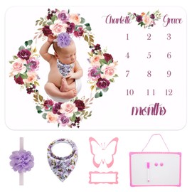NCTDSUKAY Monthly Milestone Blanket Forbaby Girl :Milestone Blanket（Purple 60x40 Inch）, Photo Assist Frame, Saliva Towel, Erasable Writing Pad, Headband
