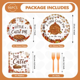 Grencian 96Pcs Fall Cutie Pie Baby Shower Decorations Little Cutie Pie Plates and Napkins Disposable Autumn Pumpkin Pies Tableware for Baby Shower Fall Harvest Thanksgiving Party Supplies, Serves 24