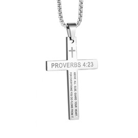 Rehoboth Stainless Steel Cross Pendant Necklaces for Men or Women PROVERBS 4:23 Strength Bible Verse Pendant Chains 24 Inch Silver