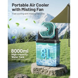 Allsion 24000mAh Rechargeable Misting Fan with 8L Water Bucket, 3-Speed Outdoor Cooling Fan with LED Lights, 120°Oscillation for Camping, Backyard, Patio,Outdoo-Cyan01