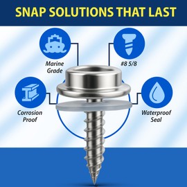 EZ-Xtend Stainless Steel Screws 5/8" #8 Marine Grade Snap Fasteners Kit. Includes 10 pcs of Screw in Snap Fasteners, 10 Flexible Clear PVC Vinyl Backing Washers